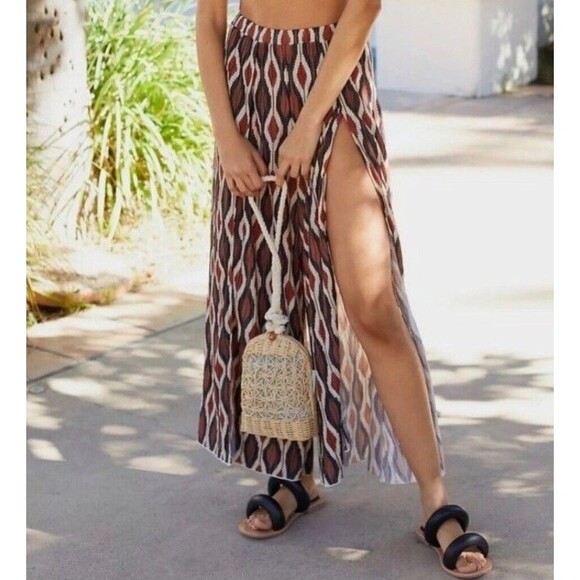 Anthropologie Nami Pull On High Slits Pant Brown Geo Print XLARGE elastic waist - Picture 1 of 9